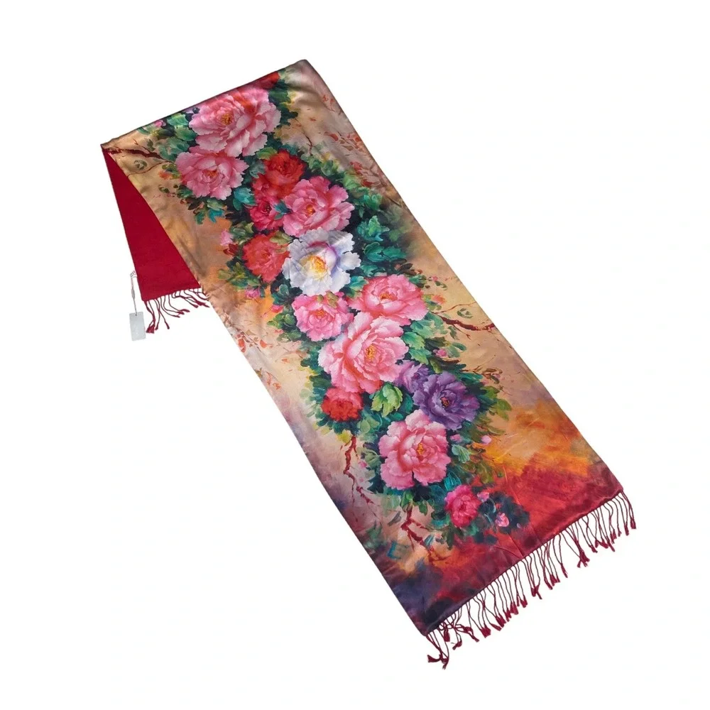NWT X-NYMPH Silk Cashmere Floral Scarf Wrap Pashmina Red Reversible Fringe 68x20